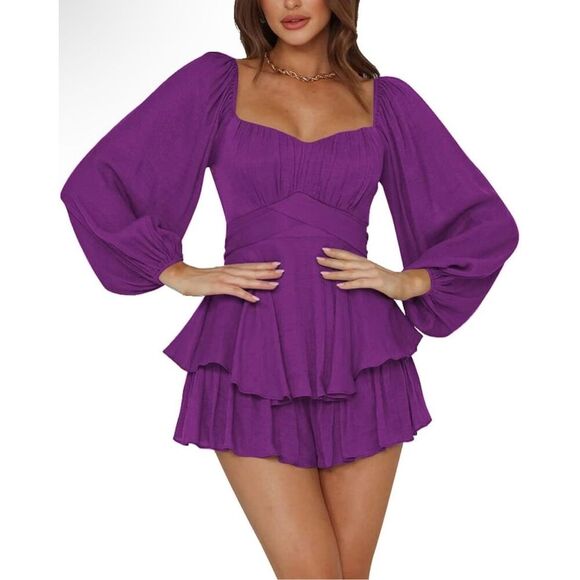 NEW Purple Lantern Long Sleeve Ruffle Layer Tie Mini Short Romper M - Picture 1 of 4